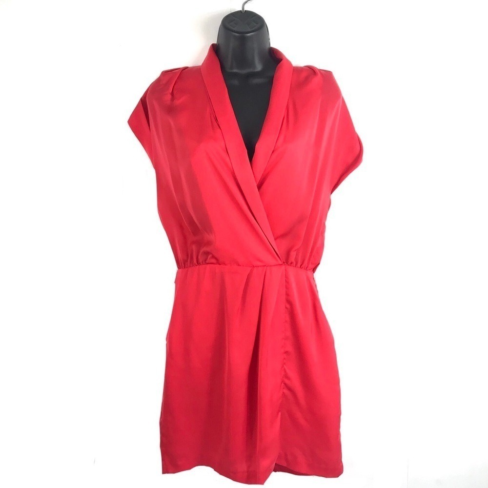 Women Red V Neck Flutter Sleeve Satin Mini Dress Sz 2 Romantic Retro Tomato Girl